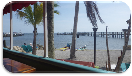 A view of a beach from a restaurant

Description automatically generated